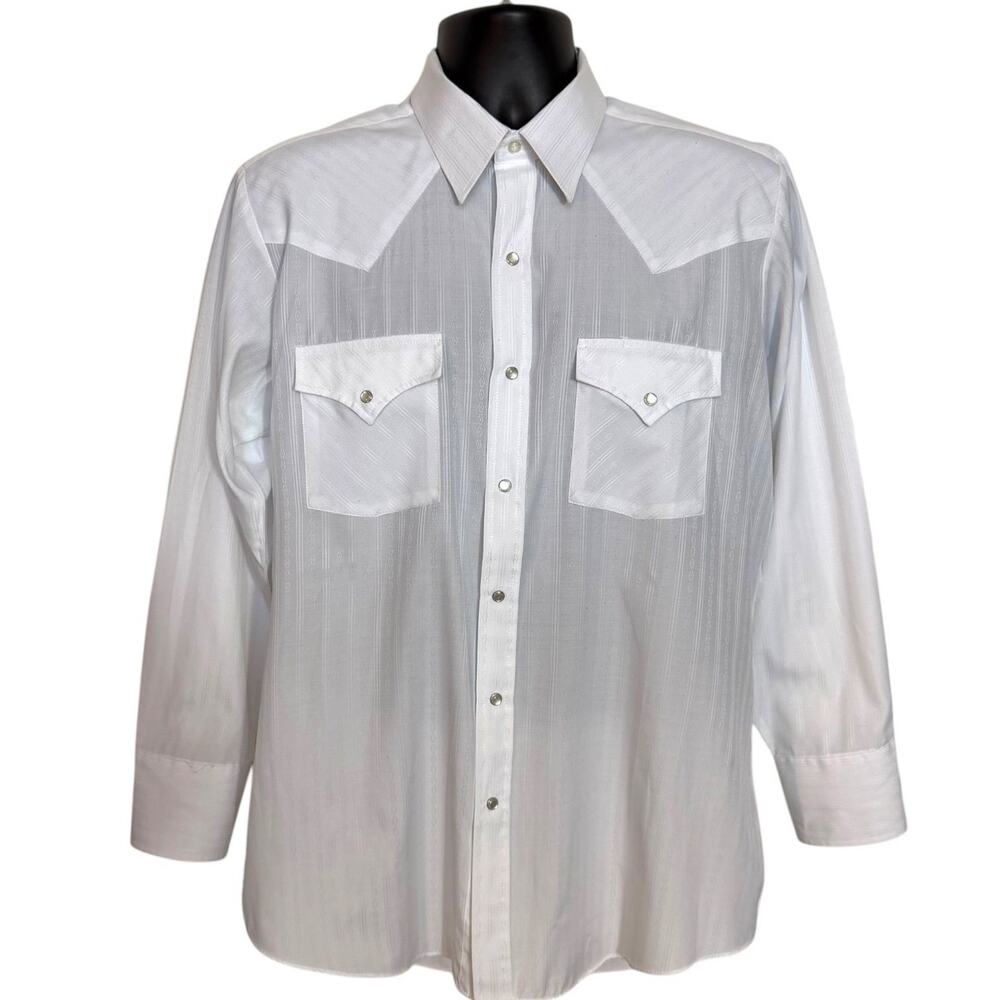 VINTAGE ELY CATTLEMAN WESTERN SHIRT WHITE TONE ON TONE STRIPE PEARL SNAP 16.5 33